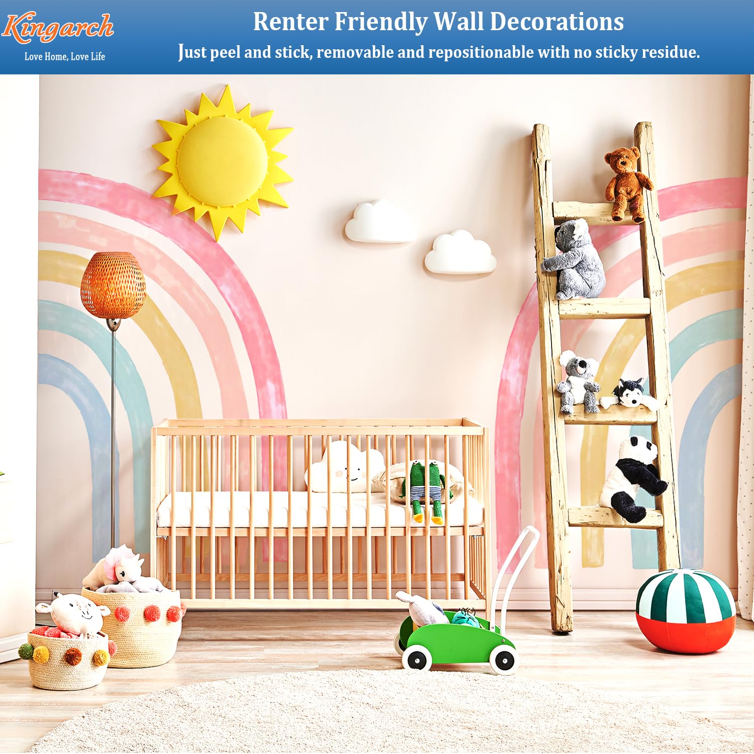 Kingarch rainbow wall decal panel 4 enhances wall color without damage.