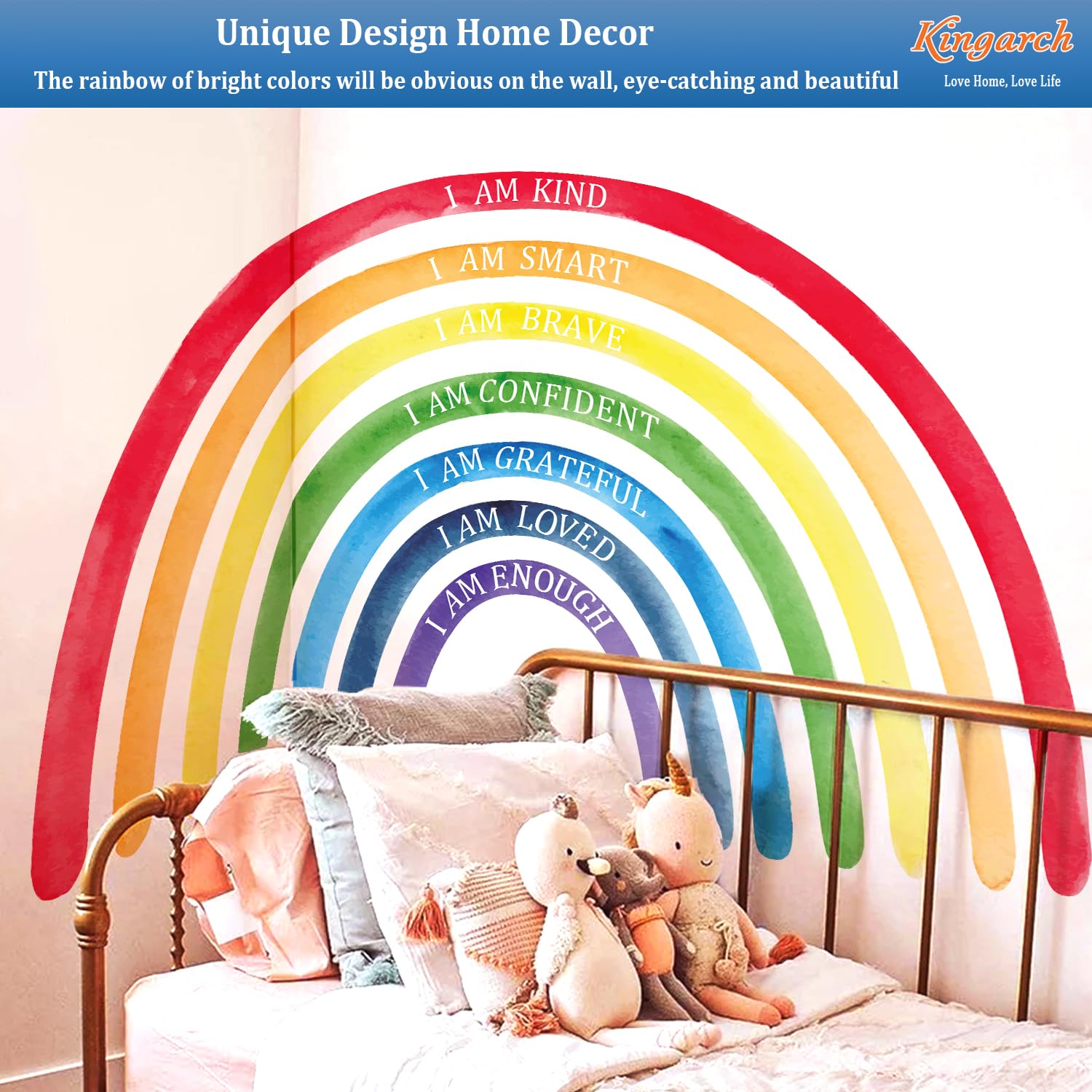 Kingarch rainbow wall decal room view shows a playful, inviting space
