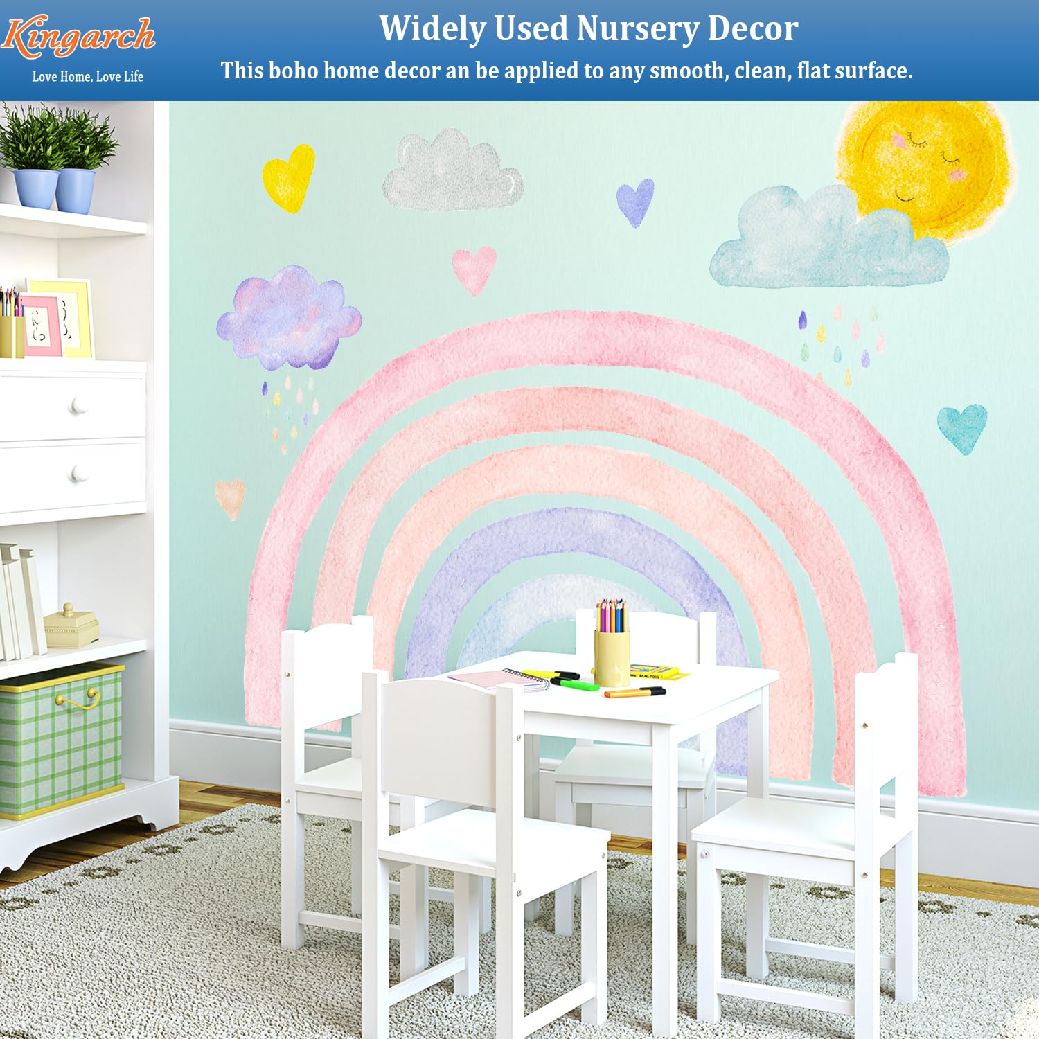 Kingarch sun and rainbow decor brightens playtime spaces with easy repositioning.