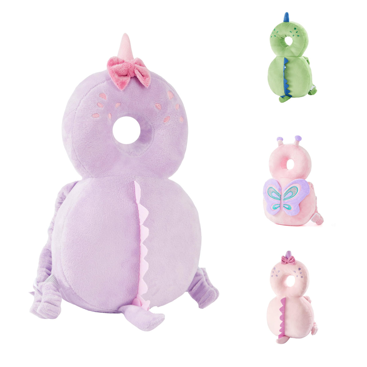 KingCheer baby back protection purple dinosaur backpack for safe crawling and walking