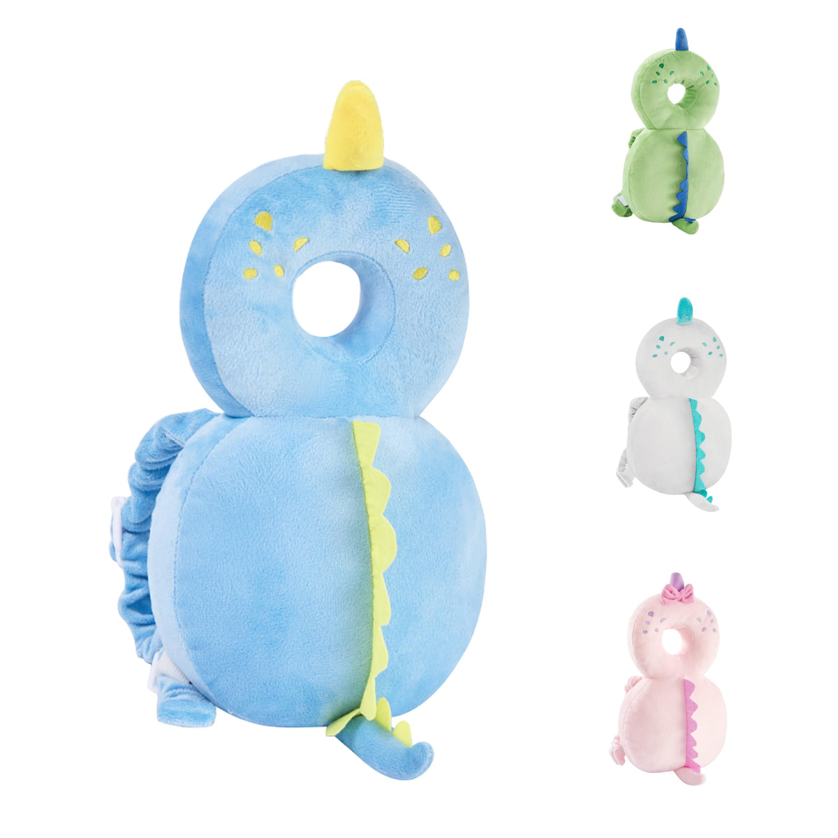 KingCheer baby back protector in blue dinosaur design, front view cushions tiny tumbles.