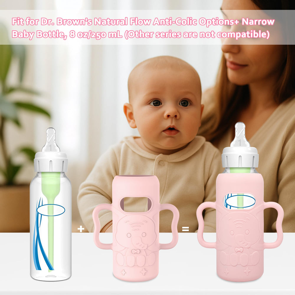 KingKam sleeve with handles improves baby grip on the glass bottle.
