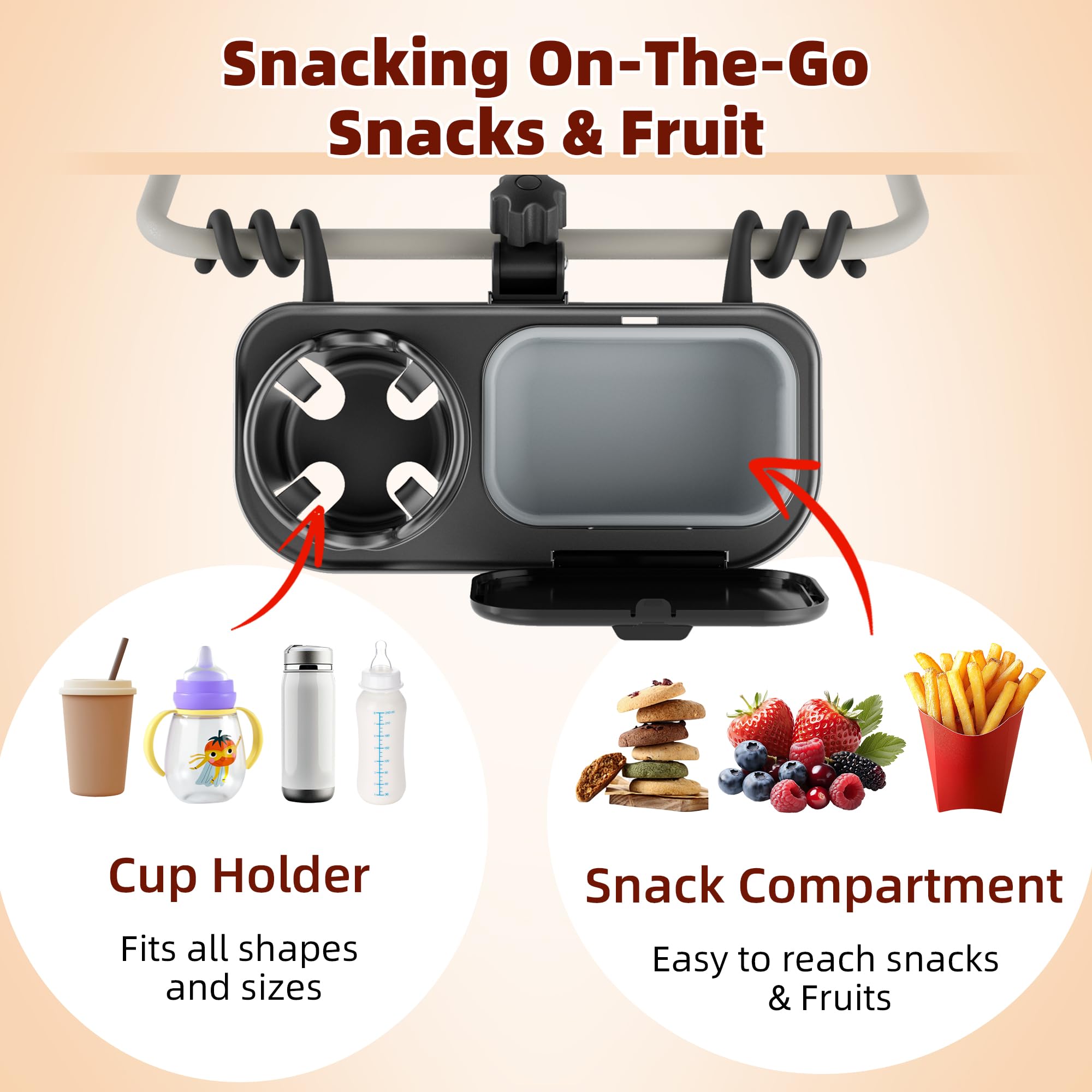 KingKam snack tray with cup holder secures bottles during park strolls.