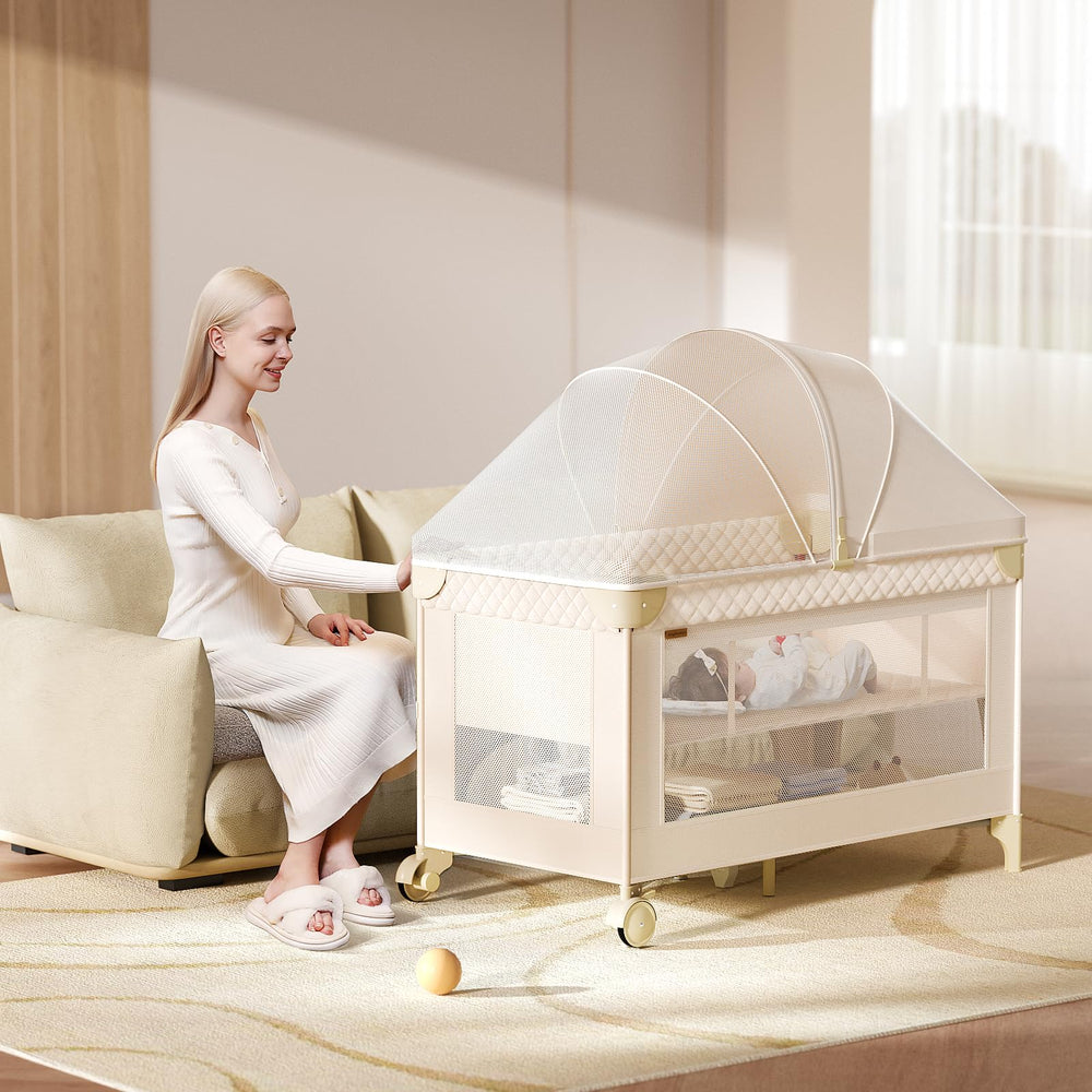 Kingobabys pack and play with two height adjustments for versatile use.