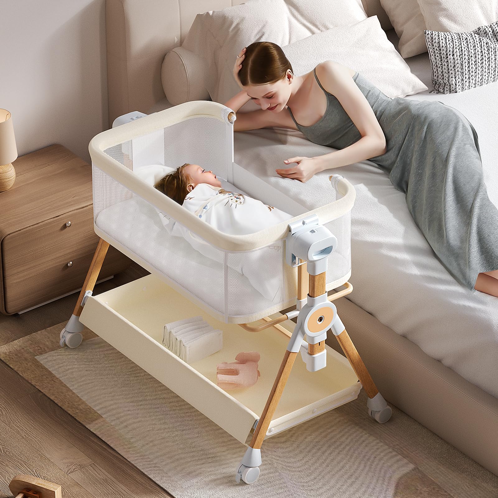 Kingobabys 3in1 baby bassinet bedside showing versatile use for newborns at night
