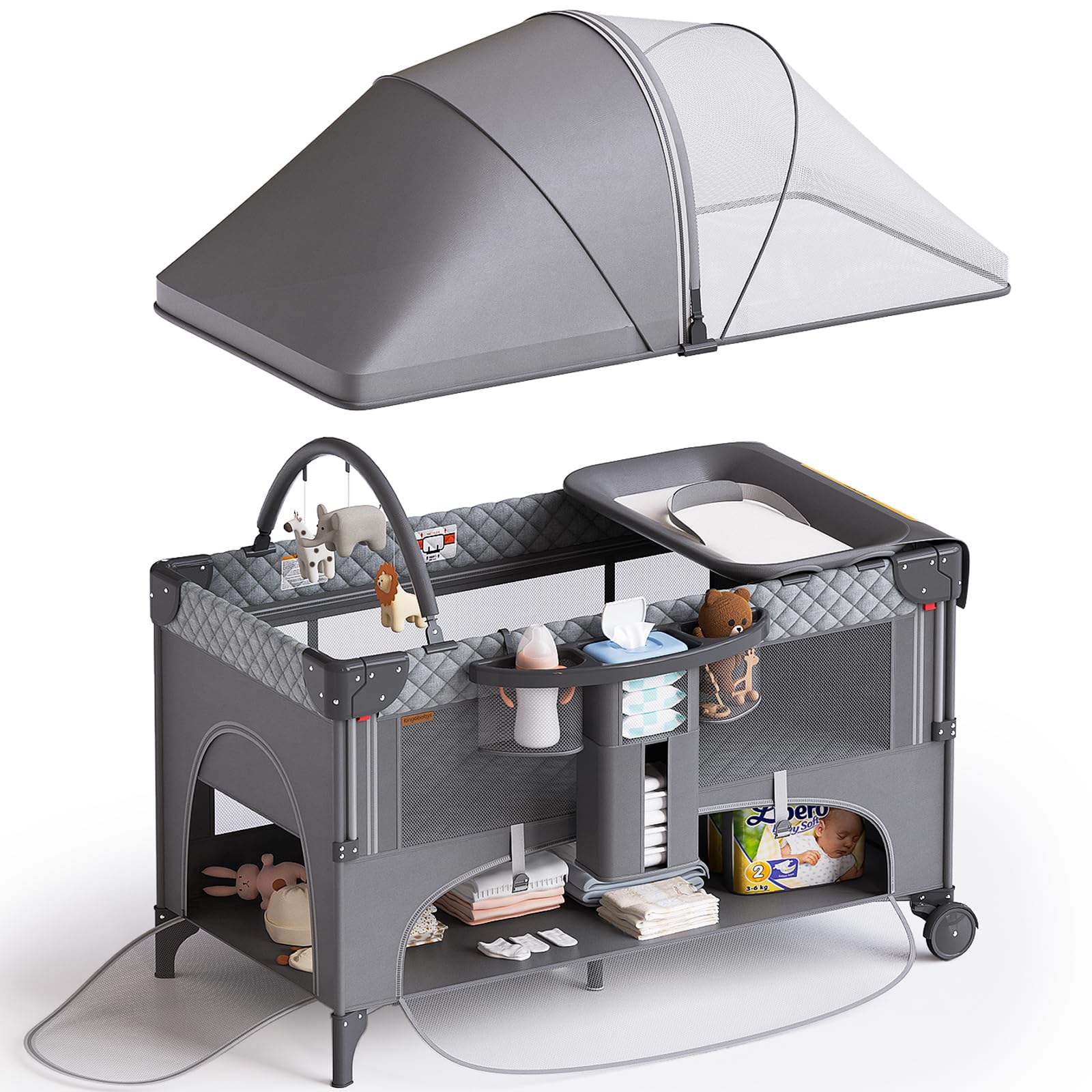 Kingobabys 4-in-1 bassinet folding playard helps quick transitions.