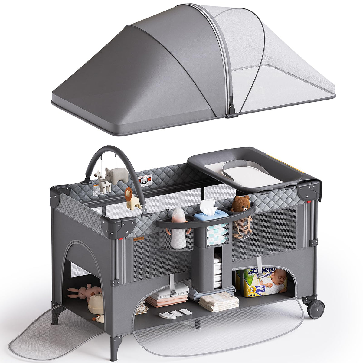 Kingobabys 4-in-1 bassinet folding playard helps quick transitions.