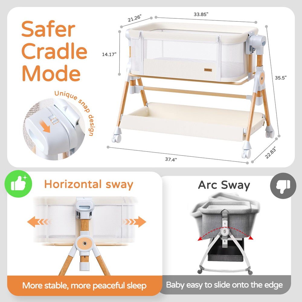 Kingobabys 6-height adjustable bassinet height aligns with parents' bed