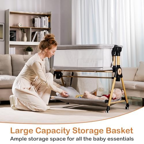 Kingobabys adjustable-height bassinet adapts to bed height.