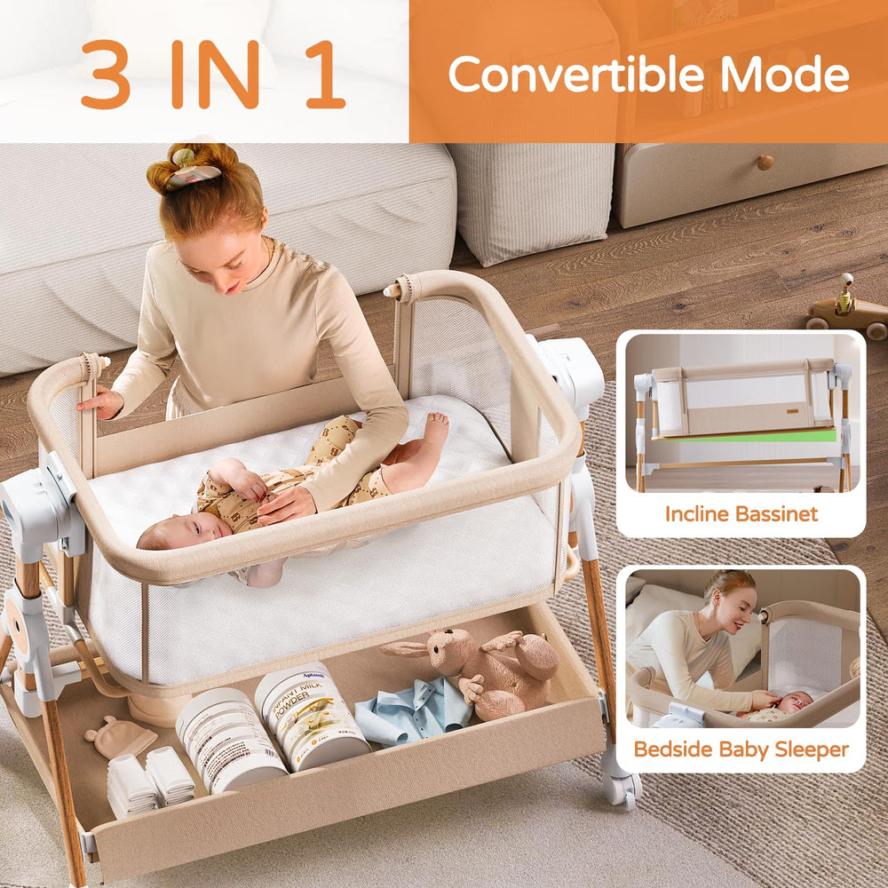 Kingobabys baby bassinet height adjustment helps align with bed.