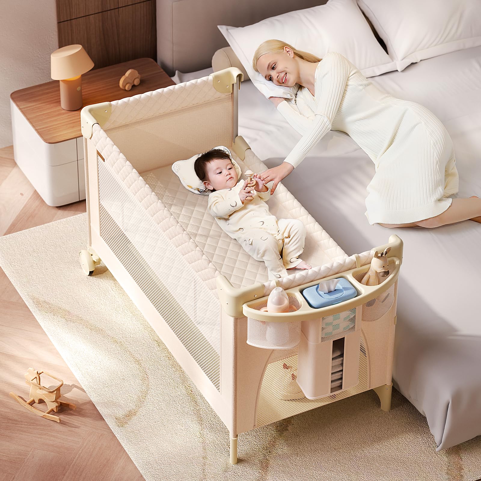 Kingobabys 4-in-1 bassinet shown open and folded for easy setup.
