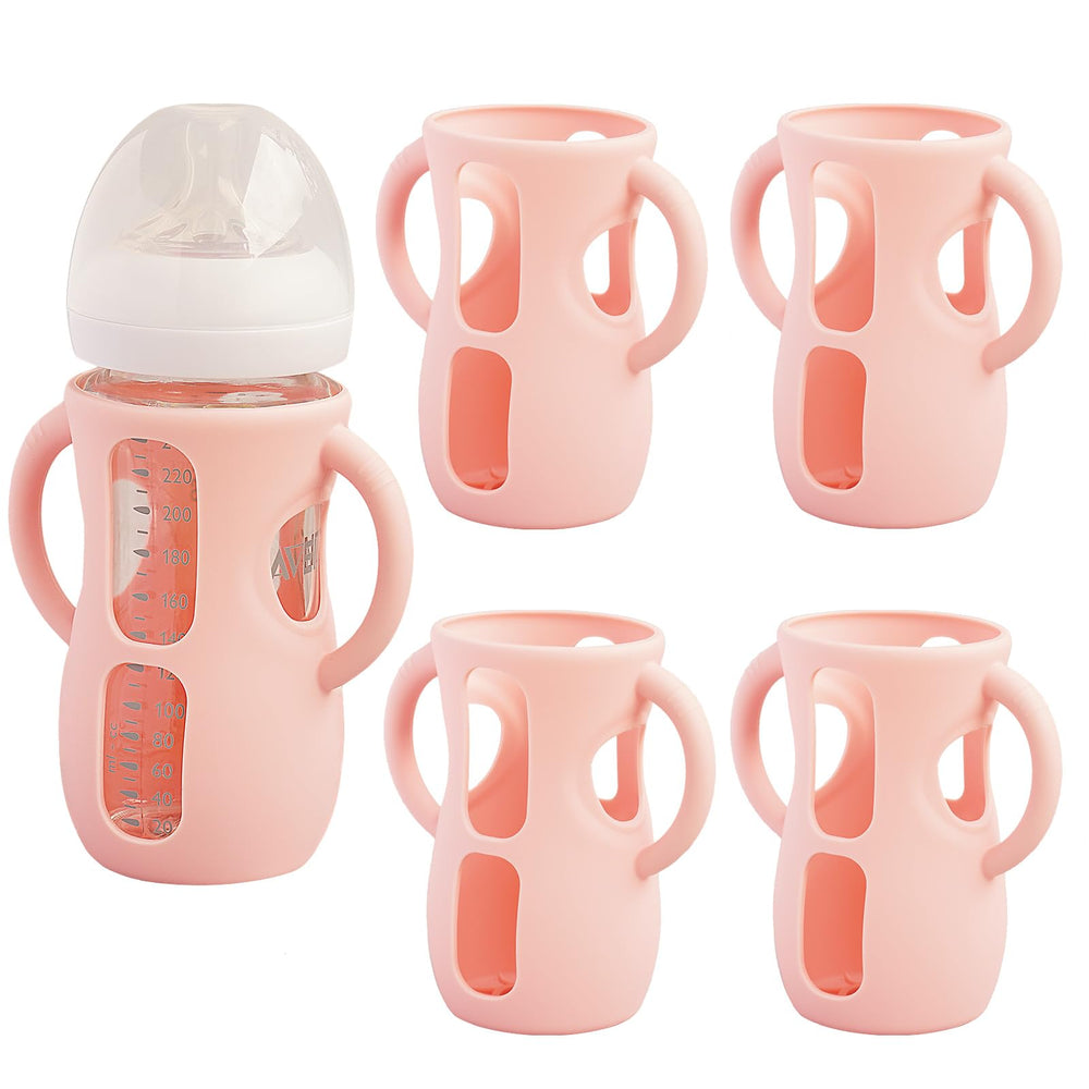 Kingwi silicone sleeve on Avent 8oz bottle front view, anti-breakage protection in pink