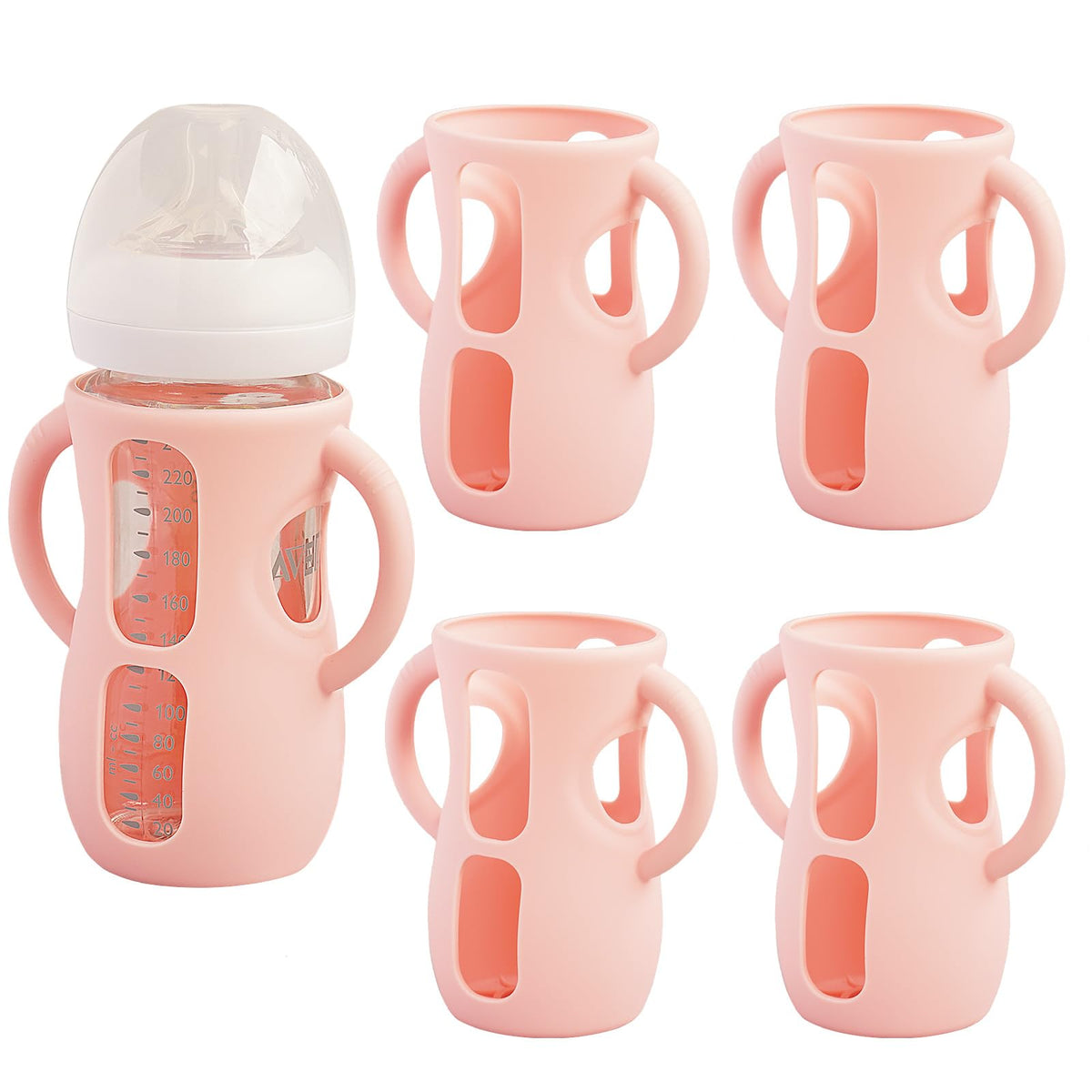 Kingwi silicone sleeve on Avent 8oz bottle front view, anti-breakage protection in pink