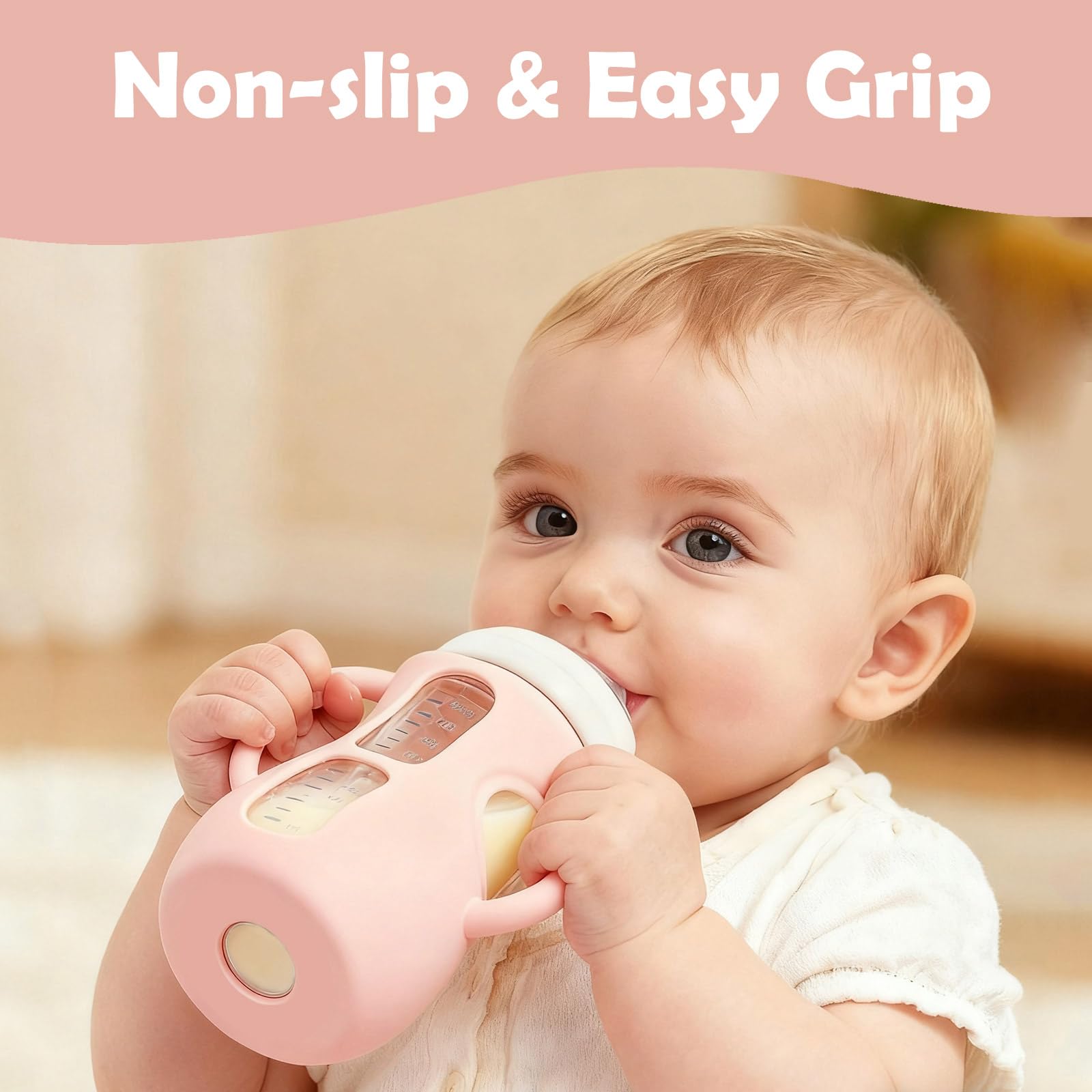 Kingwi pink 8oz sleeve grip for tiny hands on Avent bottle