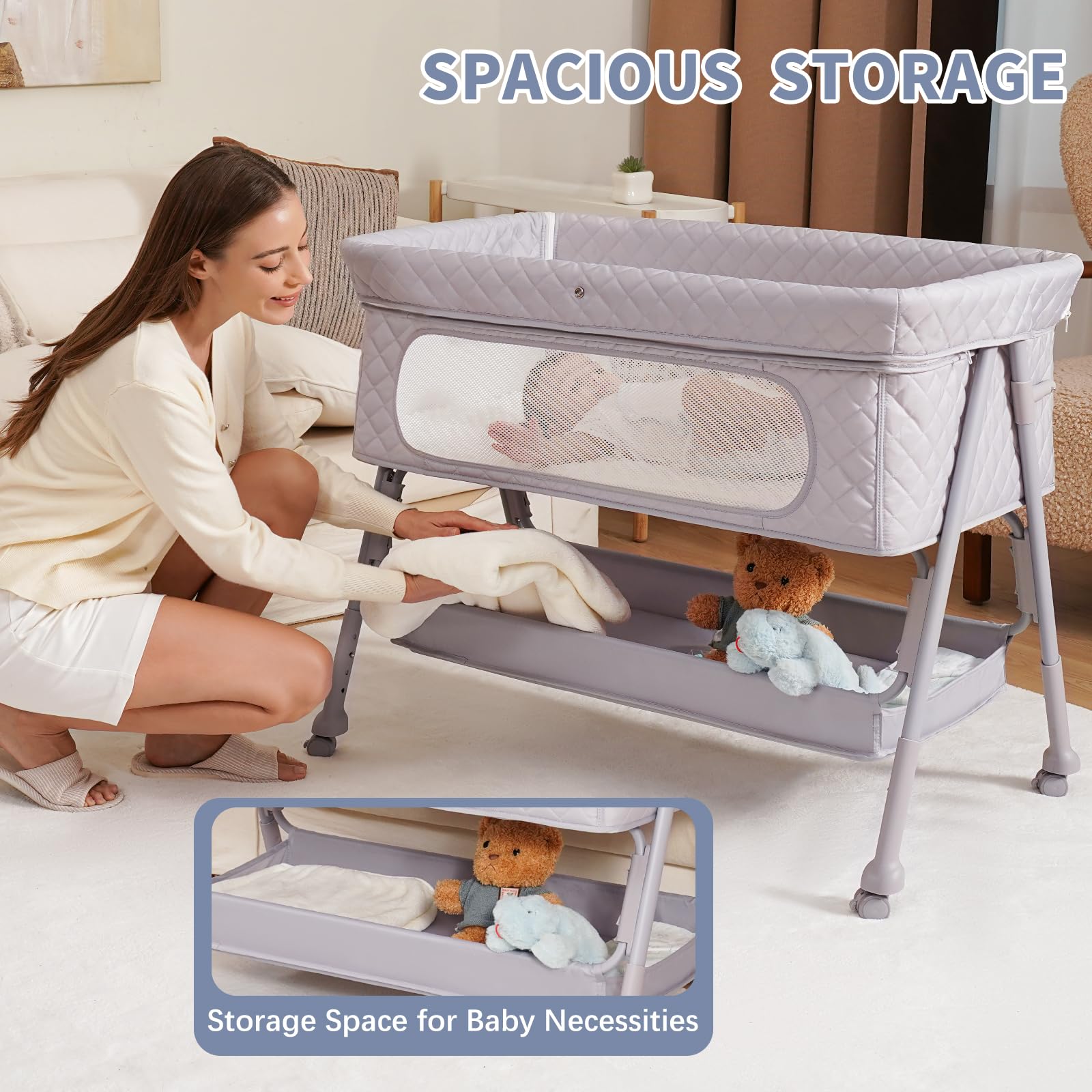 Kiniew quick-assembly-foldable-crib folds compactly for travel convenience.