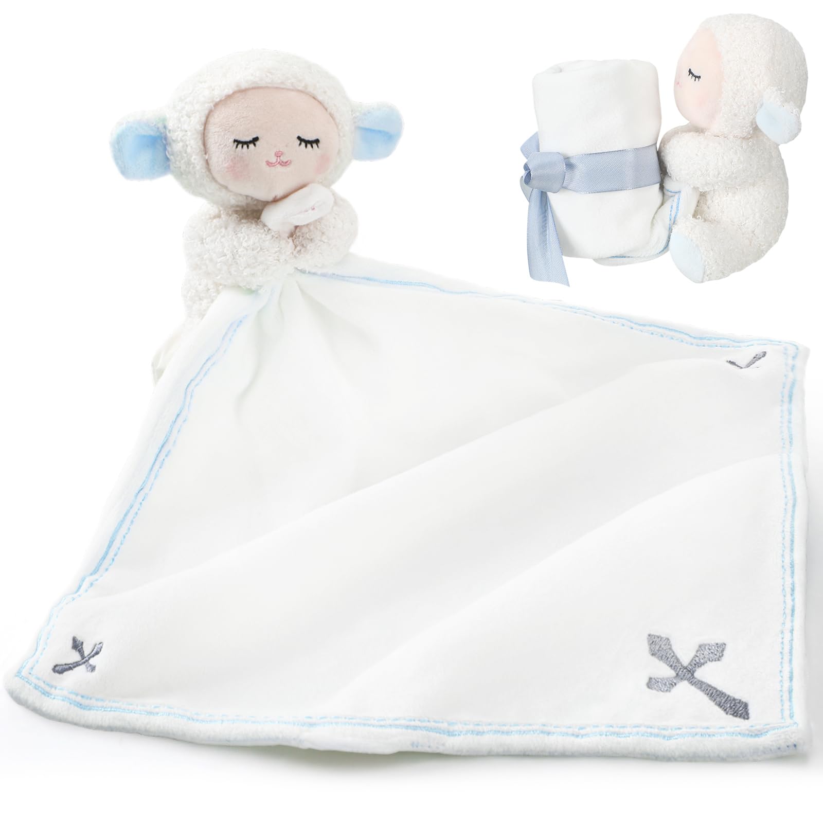 Kinlop blue lamb security blanket with cross, a comforting bedtime companion for babies.