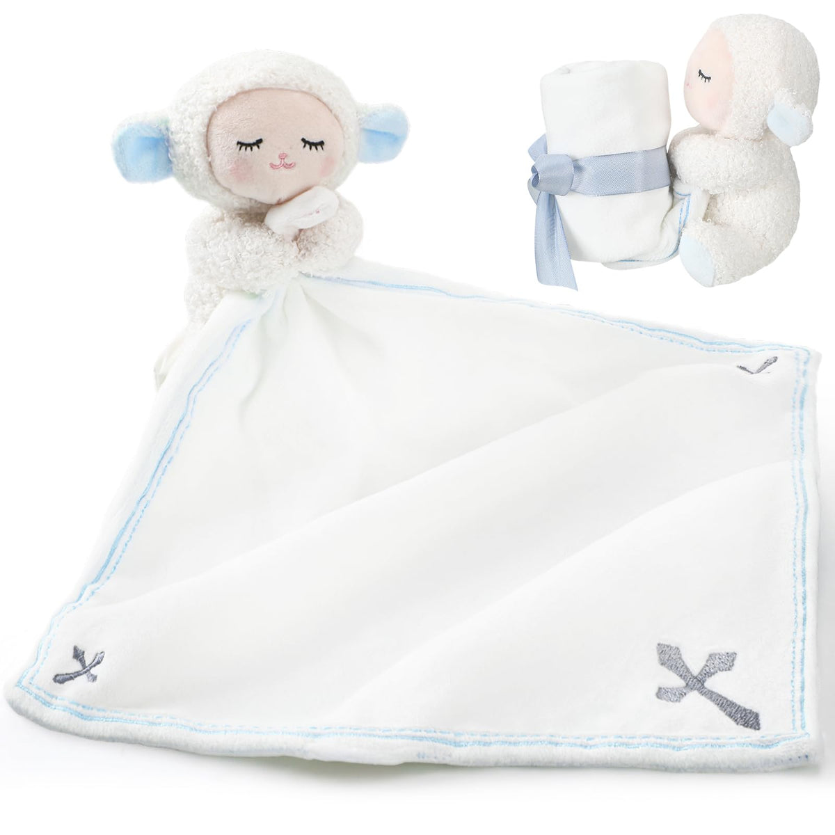 Kinlop blue lamb security blanket with cross, a comforting bedtime companion for babies.