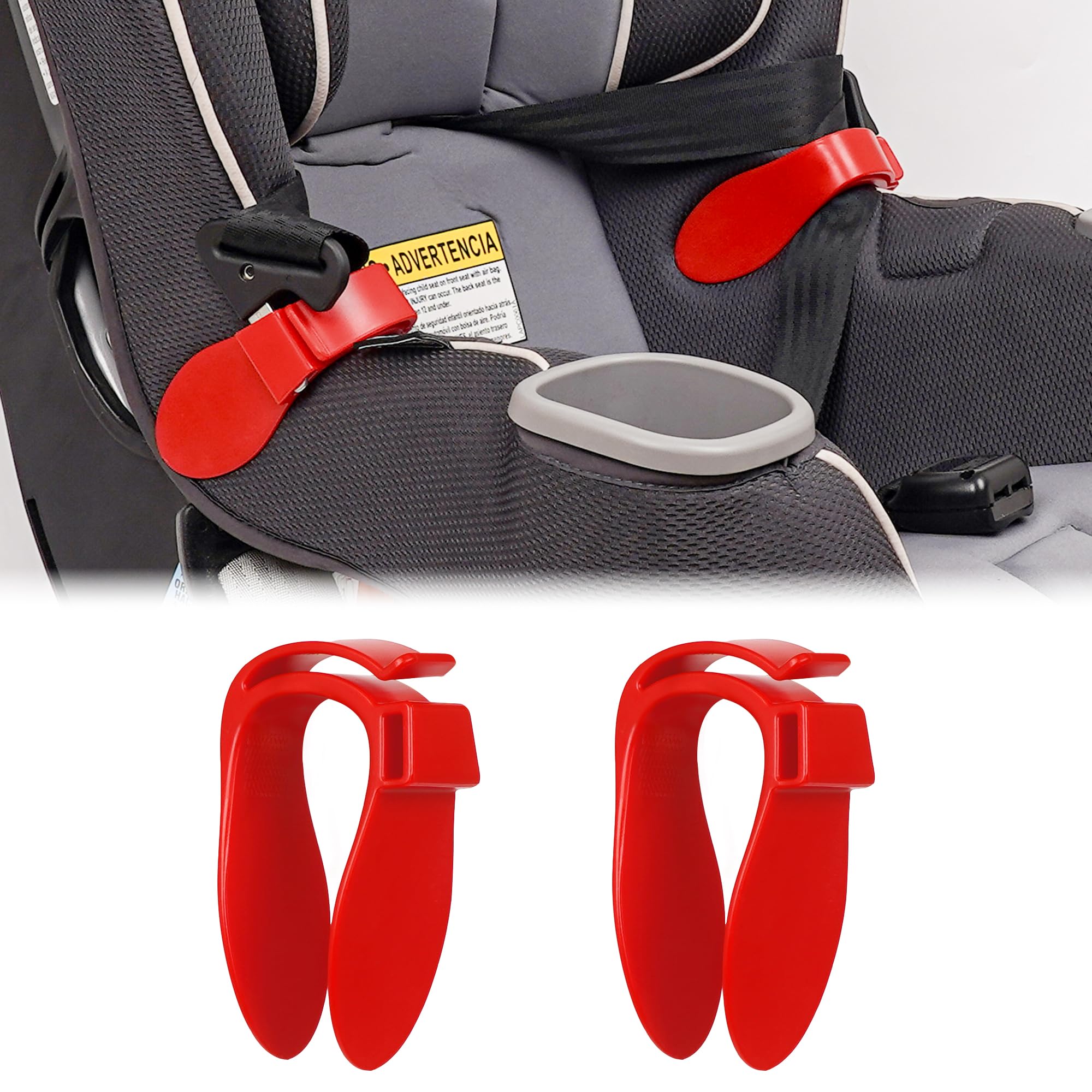 Kinoy Harness Organizer attached to car seat sideclip keeps straps orderly for quick buckling.