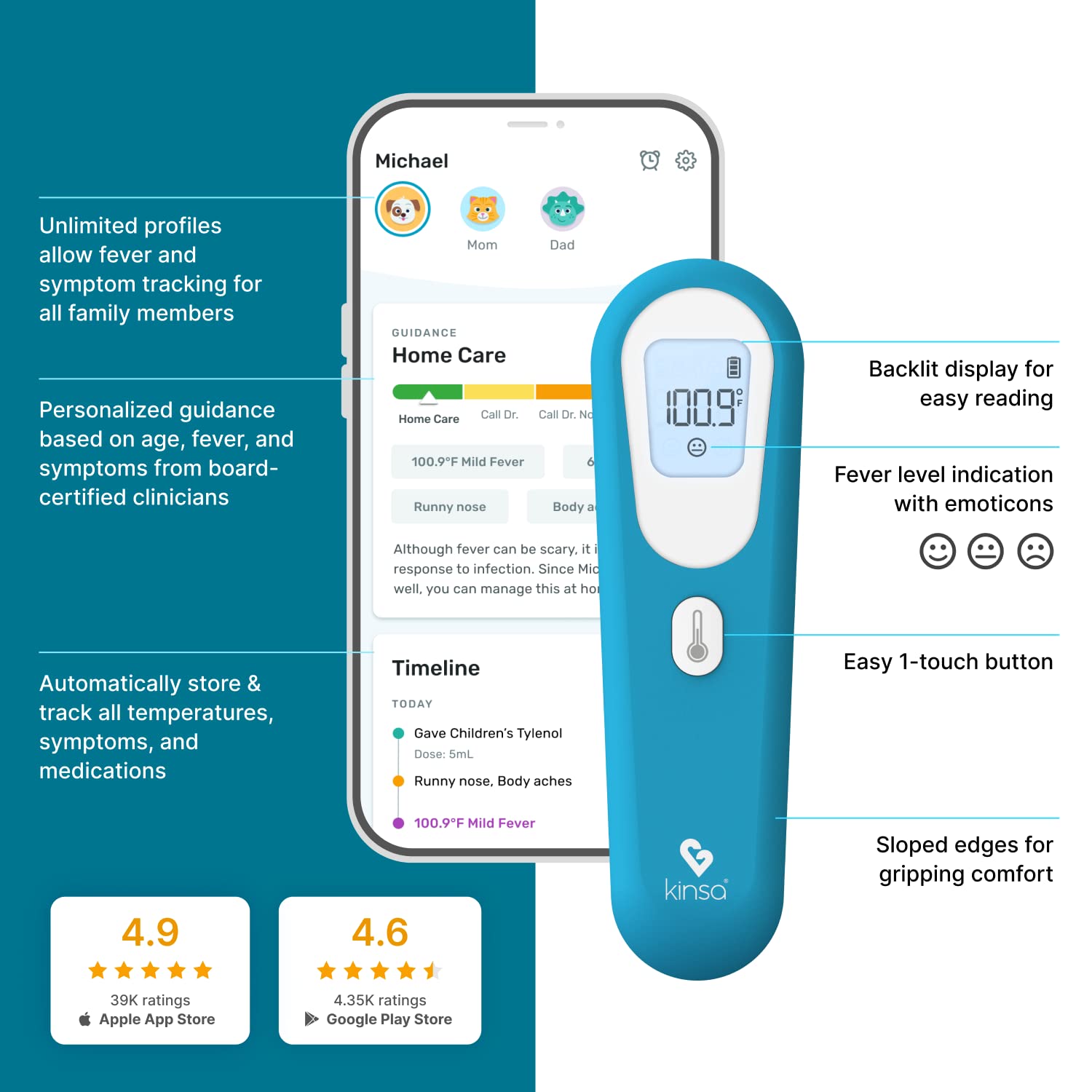 Kinsa QuickScan app interaction adds family health tracking and care guidance.