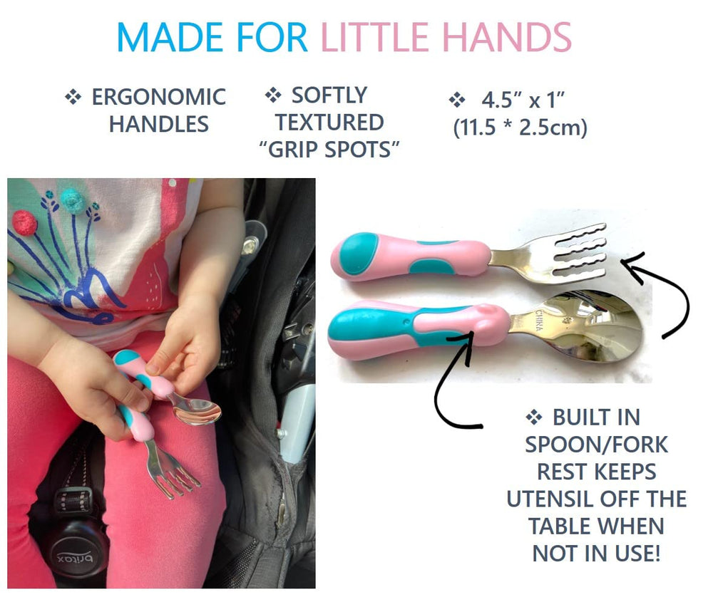 Kinsho pink fork, zigzag tines help pick up food securely.