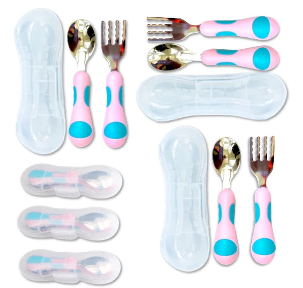 Kinsho toddler utensils travel case open in pink and blue, keeps utensils organized for on-the-go meals.