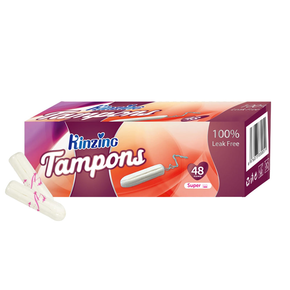Kinzino No Applicator Tampon cotton-absorbency close-up in discreet packaging for on-the-go use.