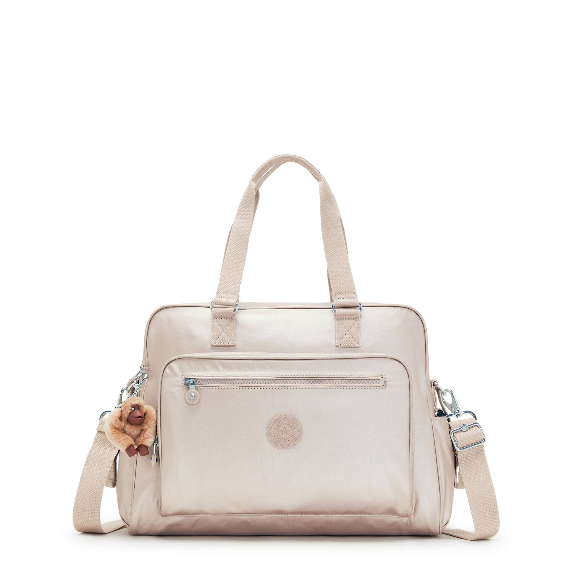 Kipling Alanna Metallic Diaper Bag Quartz Metallic front view showing roomy 22L storage for essentials