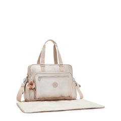 Kipling Alanna Metallic Diaper Bag Quartz Metallic side view highlighting durable nylon fabric