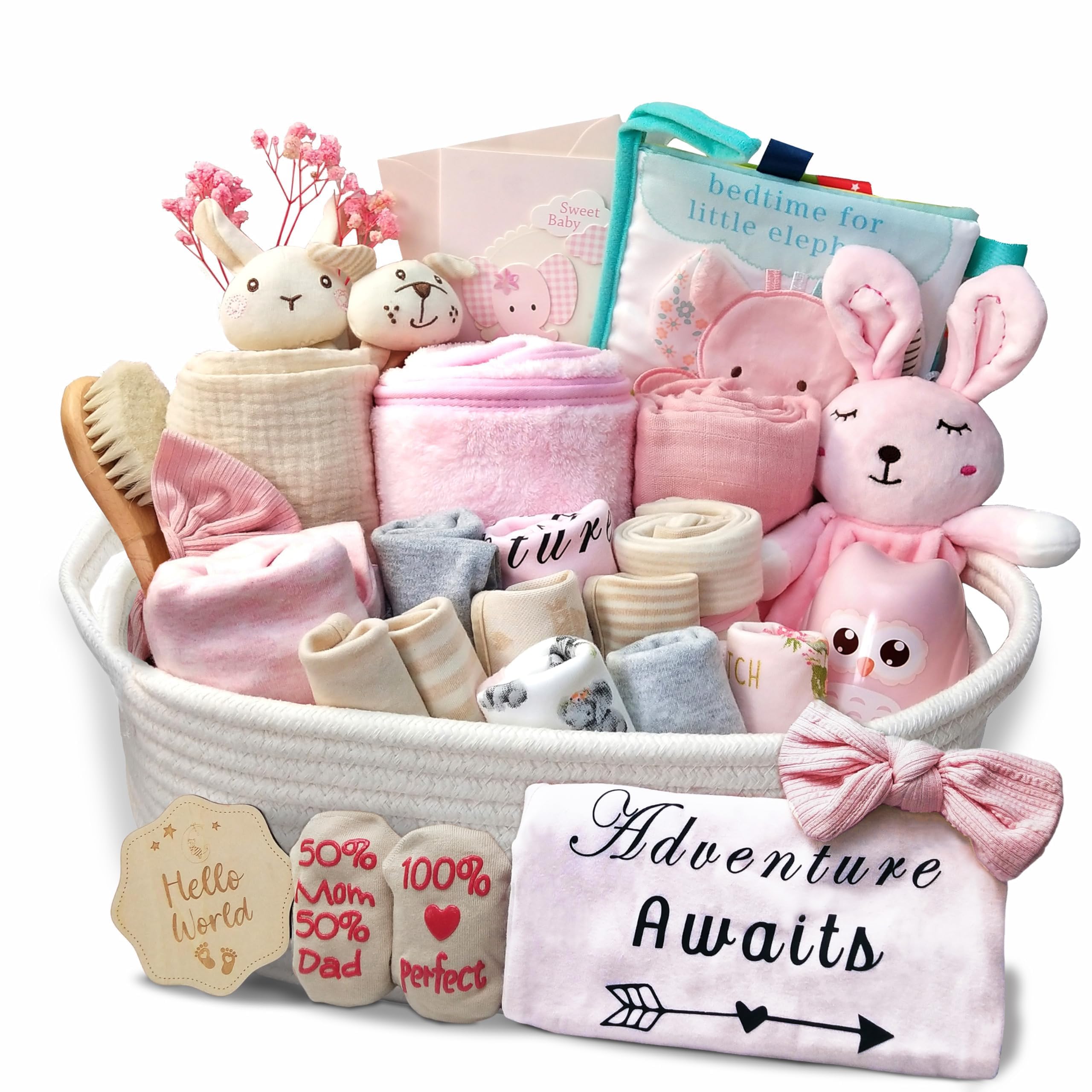 Kipwake 27-piece baby girl gift basket with pink accents, ready-to-gift keepsake.