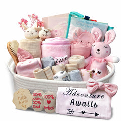 Kipwake 27-piece baby girl gift basket with pink accents, ready-to-gift keepsake.