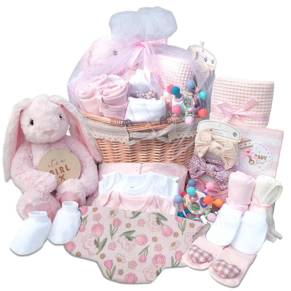 Kipwake deluxe baby gift basket pink, ready-to-gift for a newborn shower.