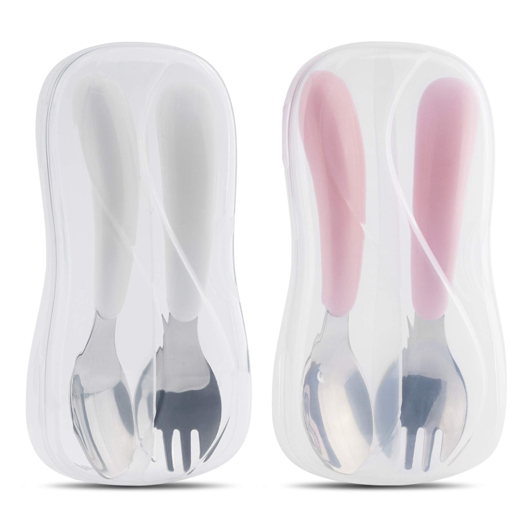 Kirecoo toddler utensils 2-pack in white and pink for easy self-feeding