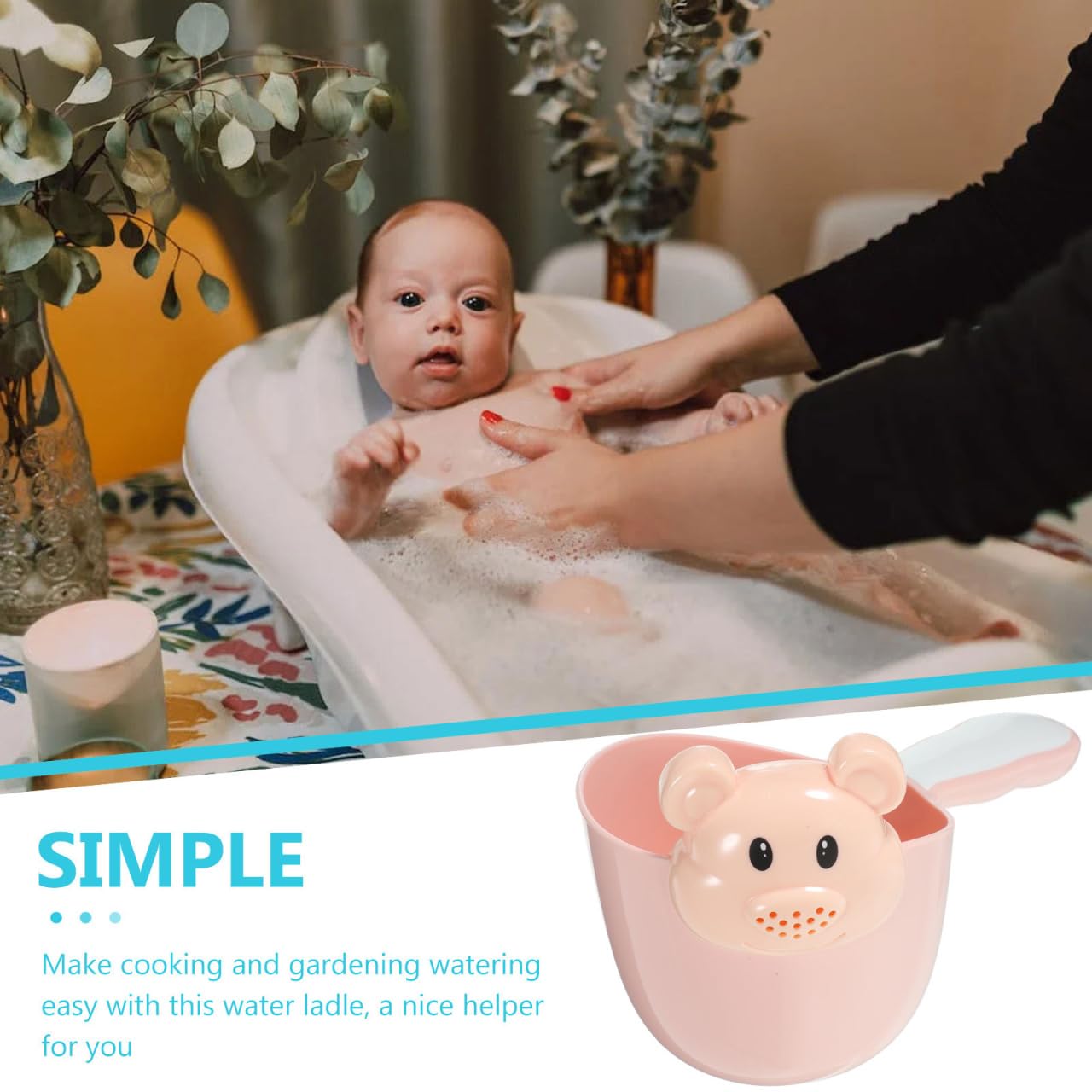 Kisangel tear-free rinse cup provides gentle water flow during bath.