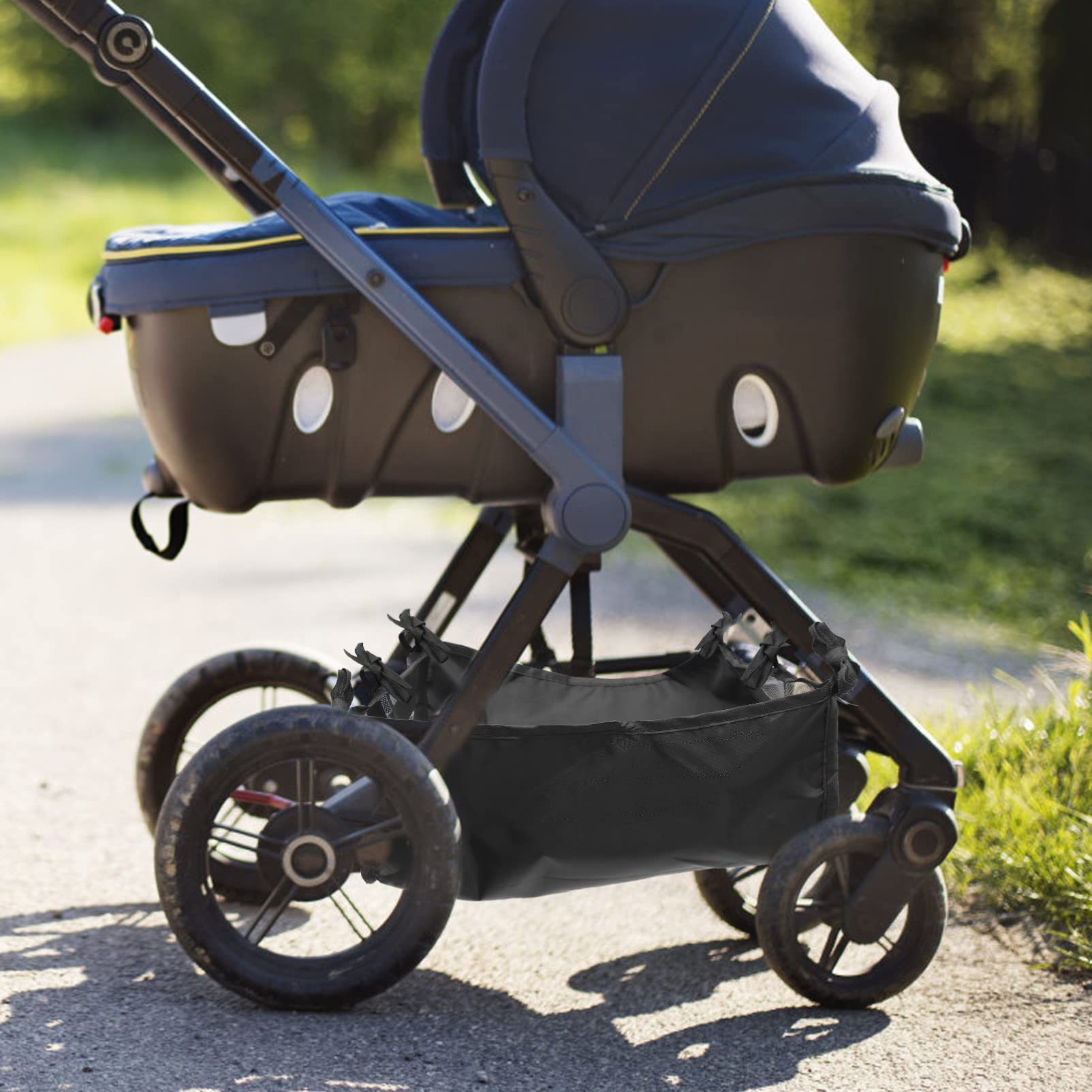 Kisangel universal-fit stroller basket keeps belongings secure during movement.