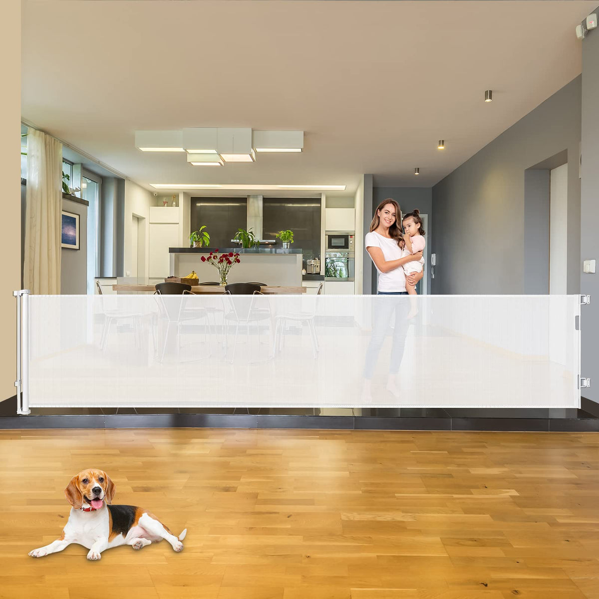 KISKIZ 110-inch extra-wide gate spans a large doorway for flexible room layout