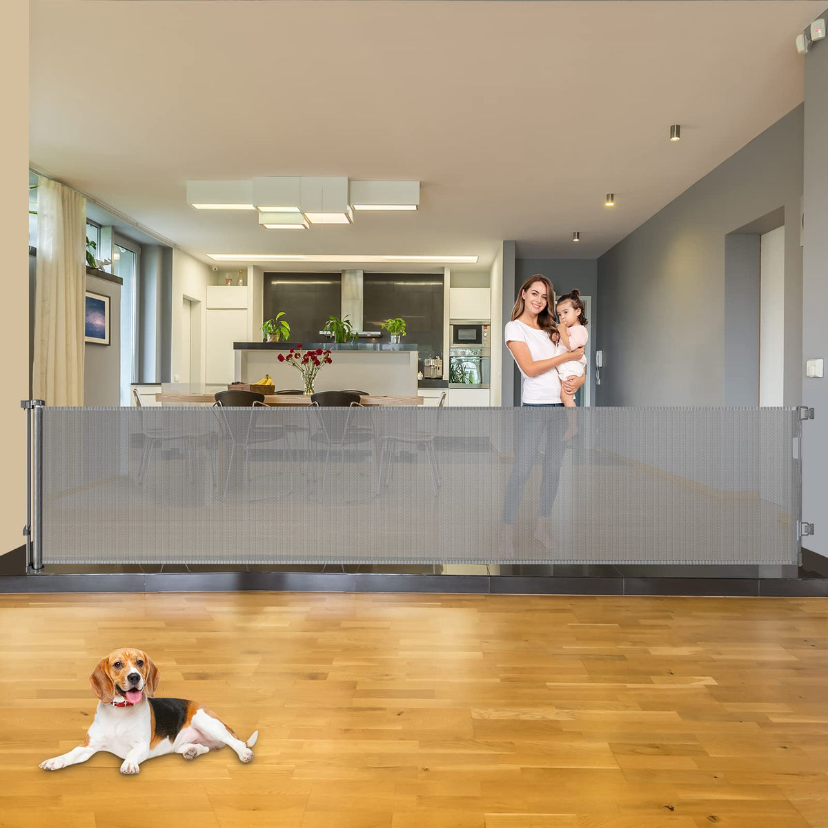 KISKIZ 110-inch retractable gate at wide doorway for large openings