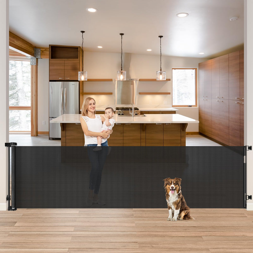 KISKIZ 85 inch wide retractable gate in use at a doorway.