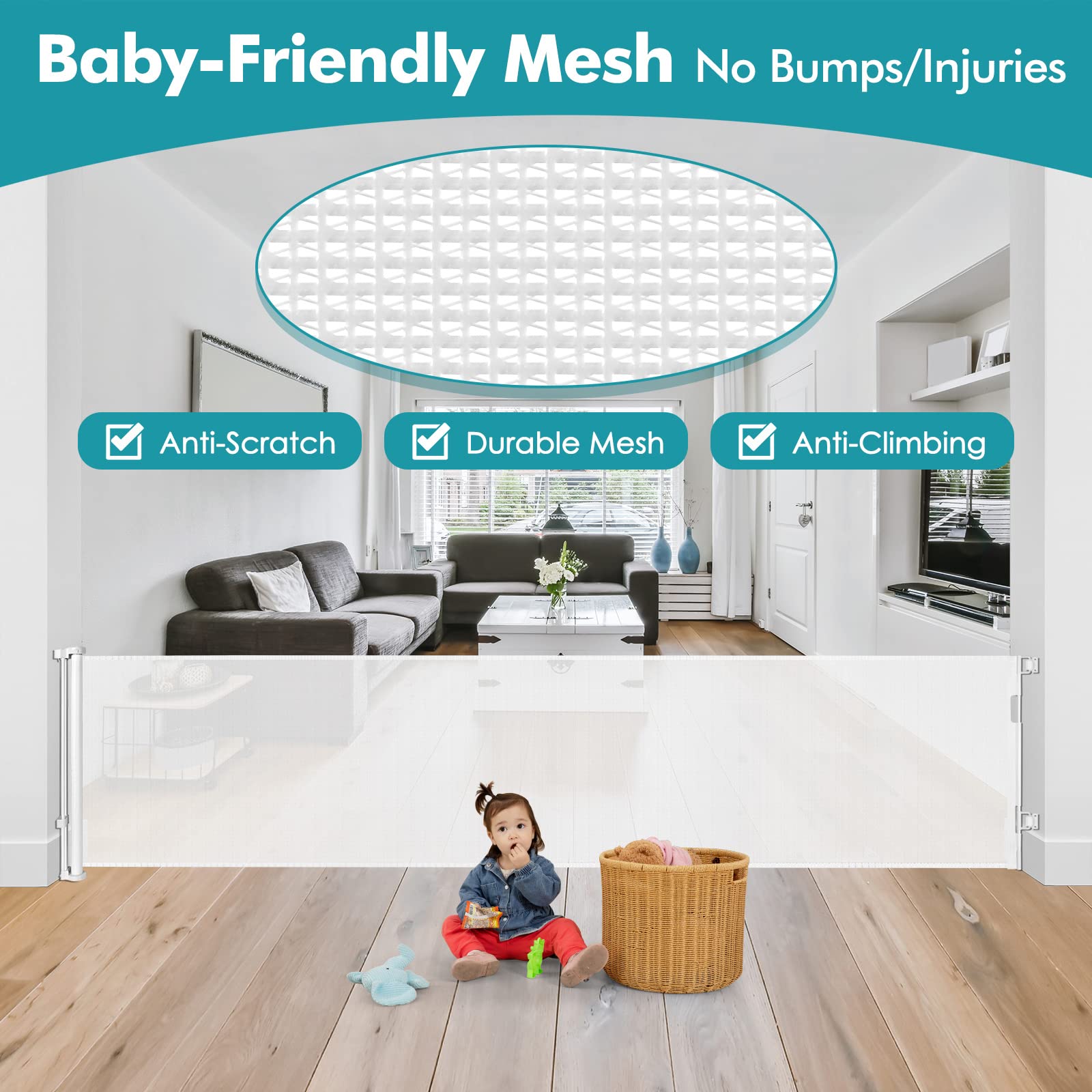 KISKIZ gate with pet-friendly mesh designed to withstand claws and paws.