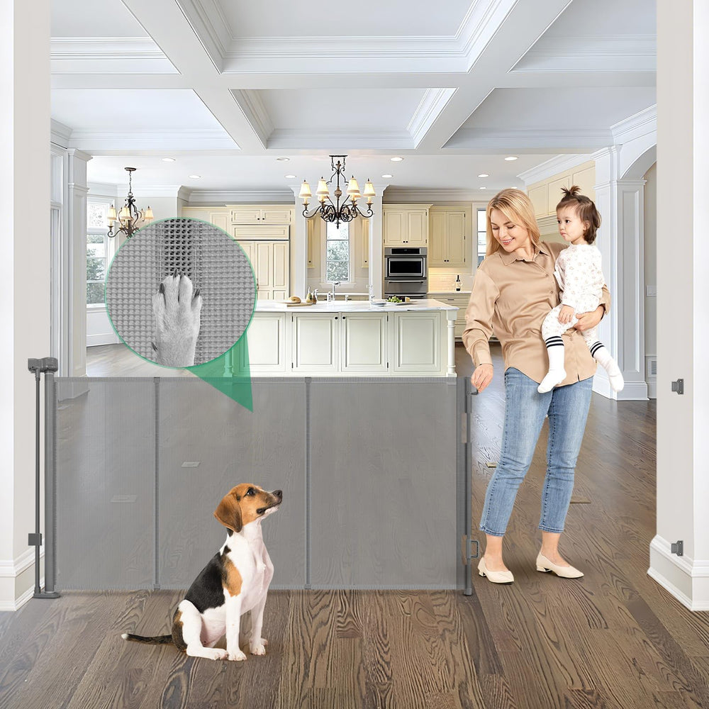 KISKIZ reinforced retractable gate extended to 85 inches for wide openings