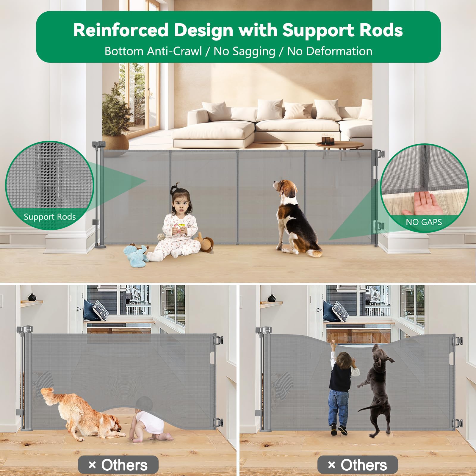 KISKIZ reinforced retractable gate with baseboard fit for safe installation along skirting