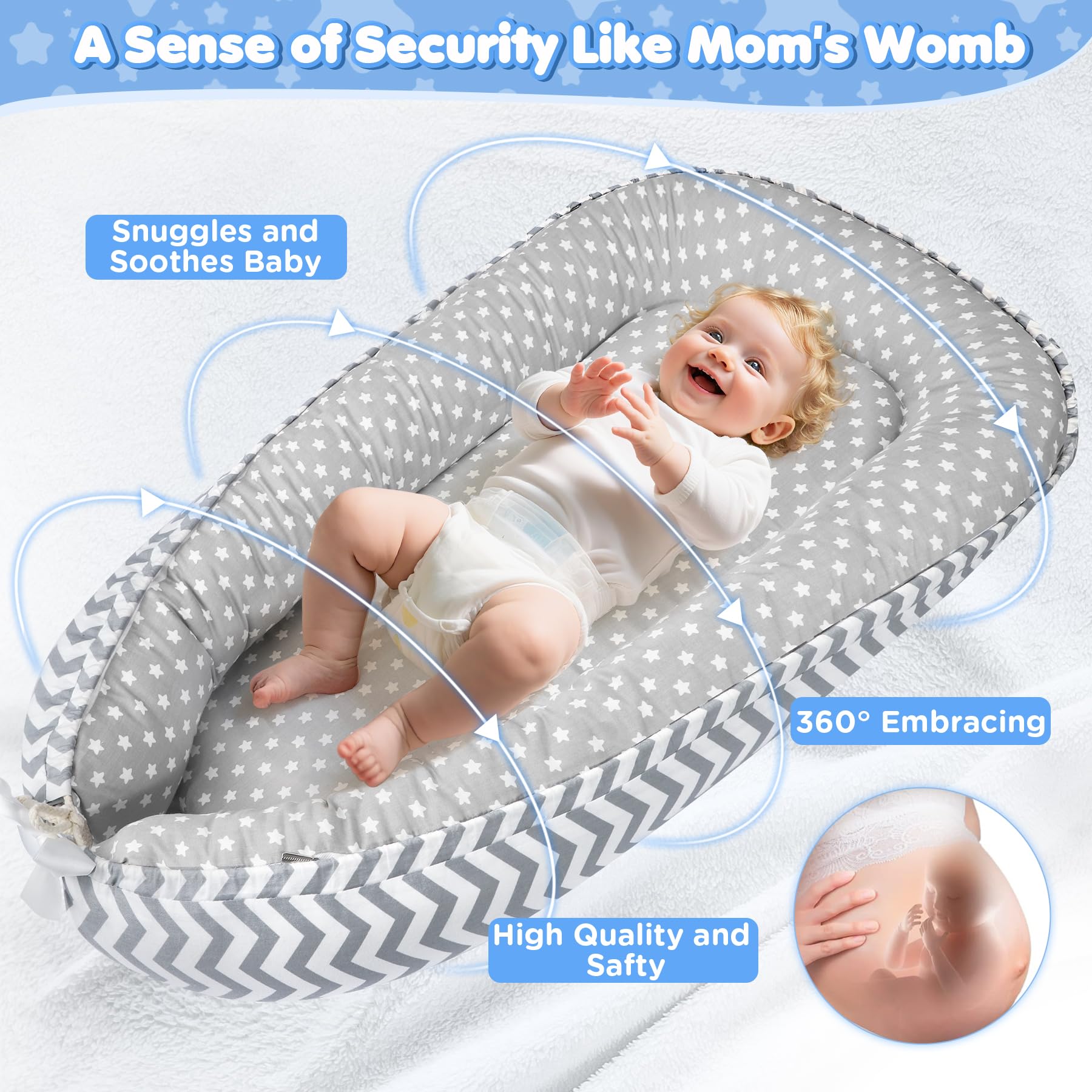 KISS GOLD baby lounger shows soft mattress and 360 wrap for secure positioning.
