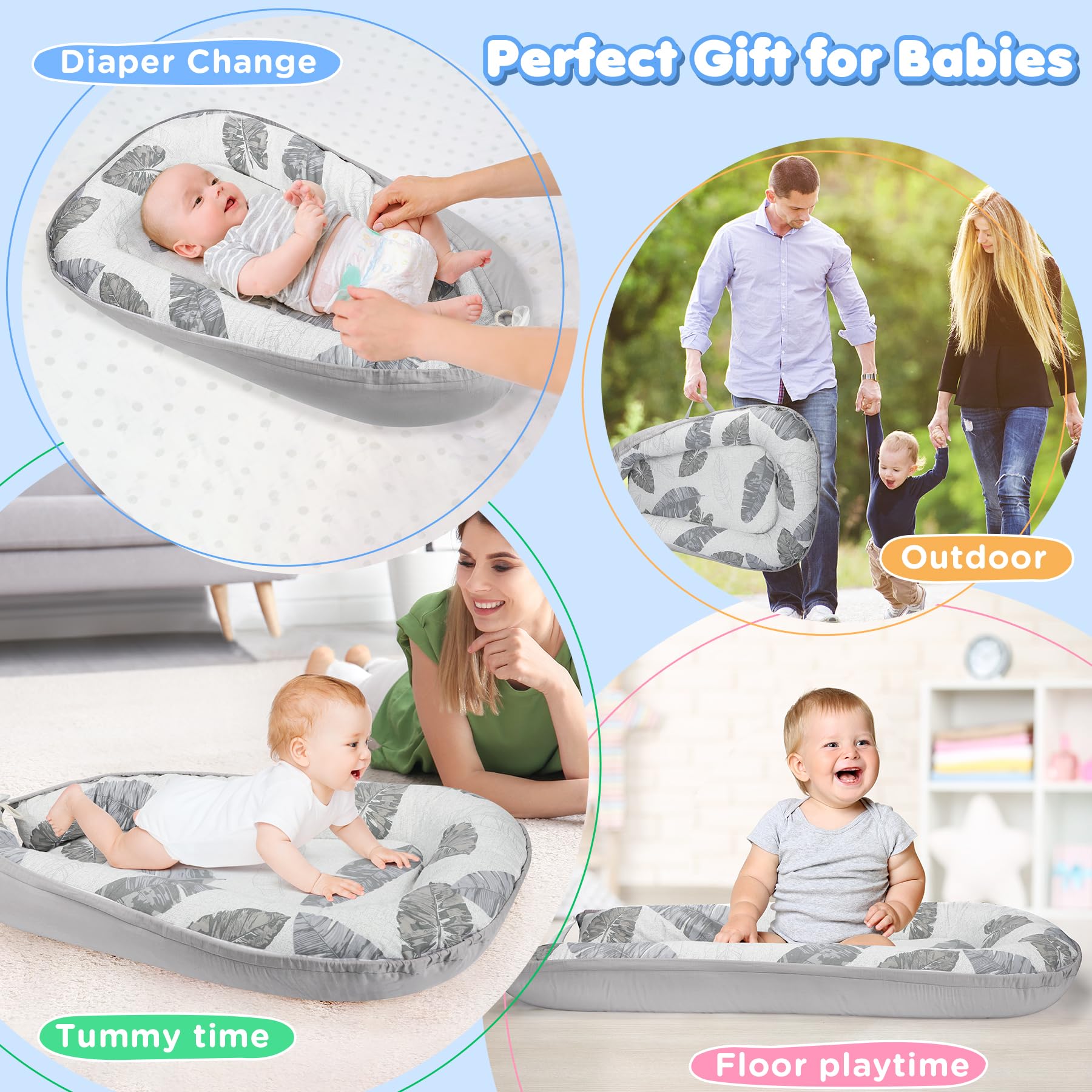 KISS GOLD baby nest used for tummy time and seated play under supervision.