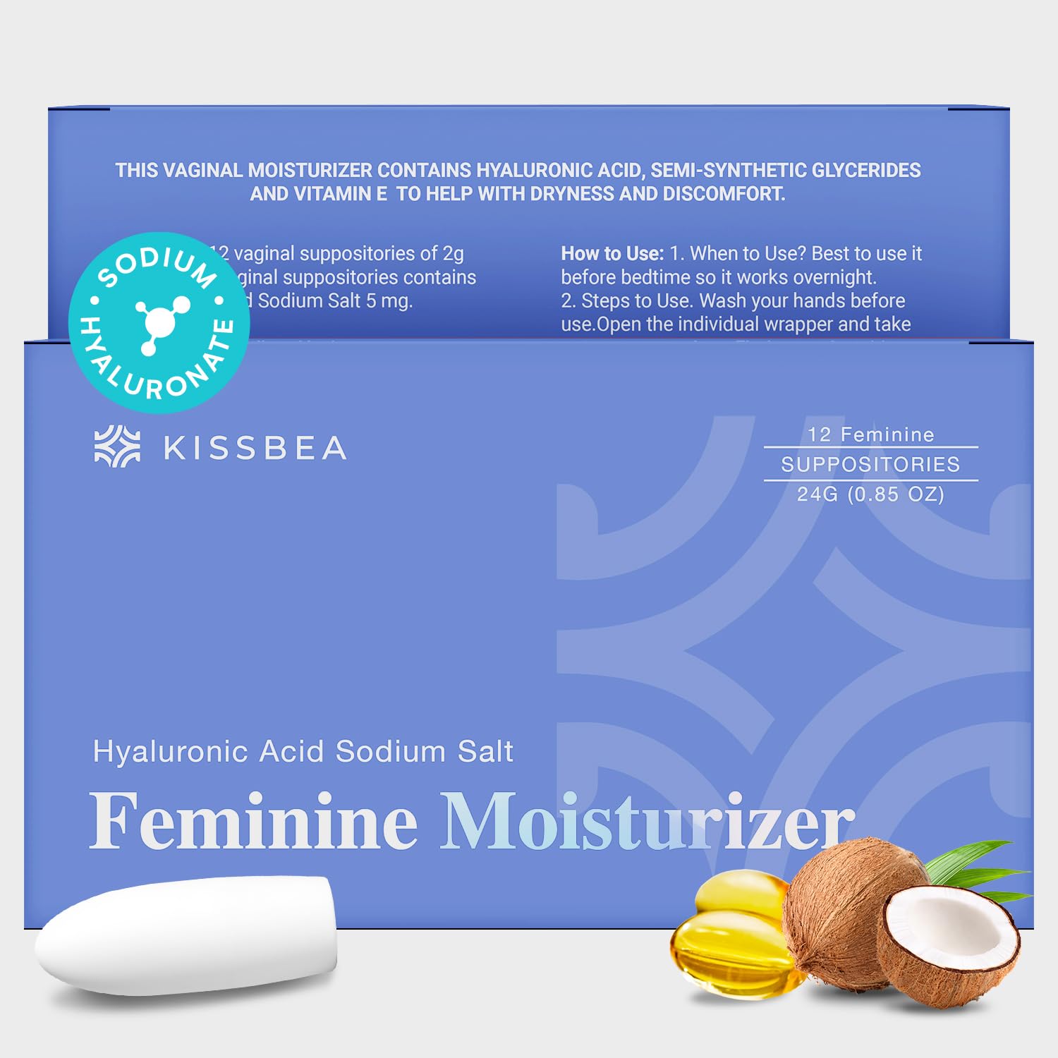 Kissbea packaging for hyaluronic acid suppositories highlighting discreet care
