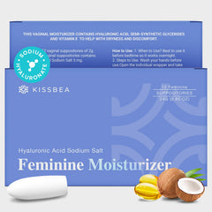 Kissbea packaging for hyaluronic acid suppositories highlighting discreet care