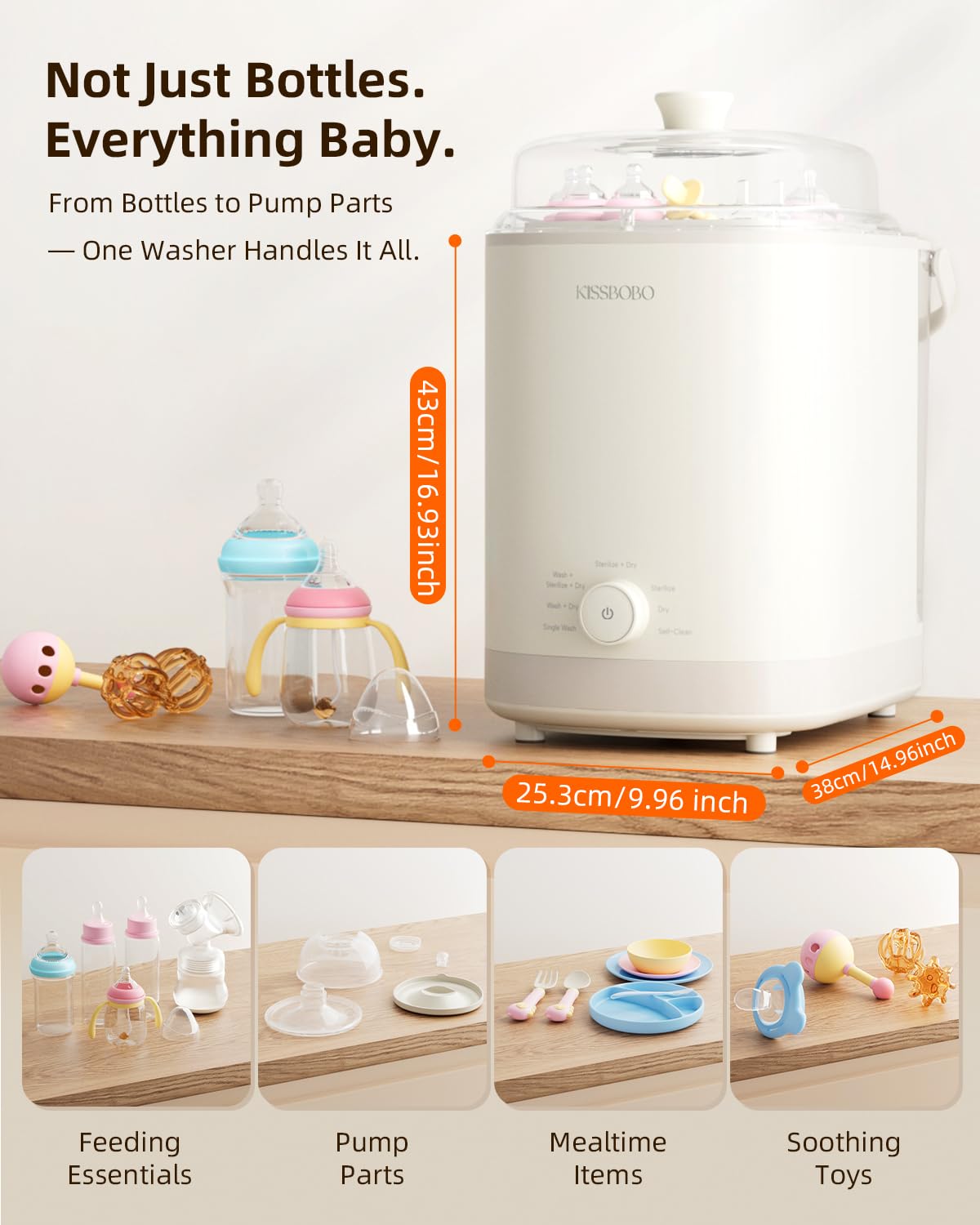 KISSBOBO upper rack holds nipples, pacifiers, and spoons for organized cleaning