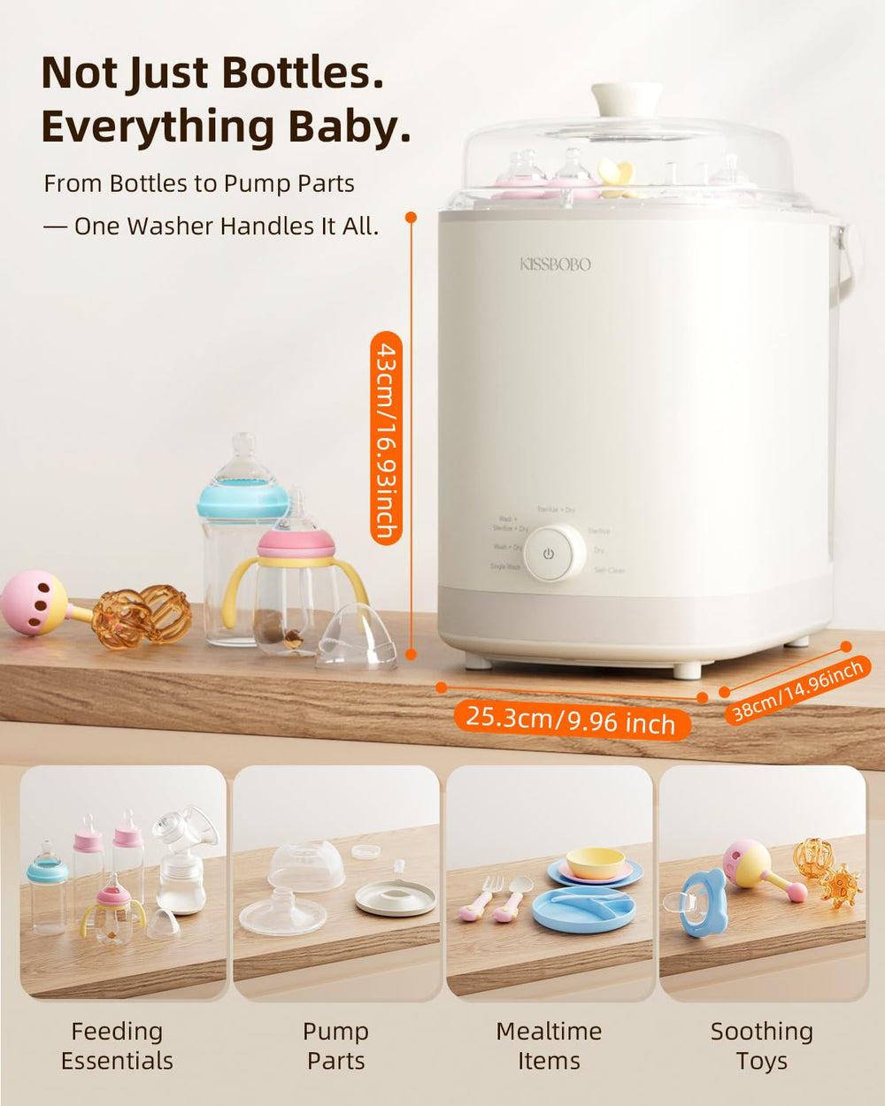 KISSBOBO upper rack holds nipples, pacifiers, and spoons for organized cleaning