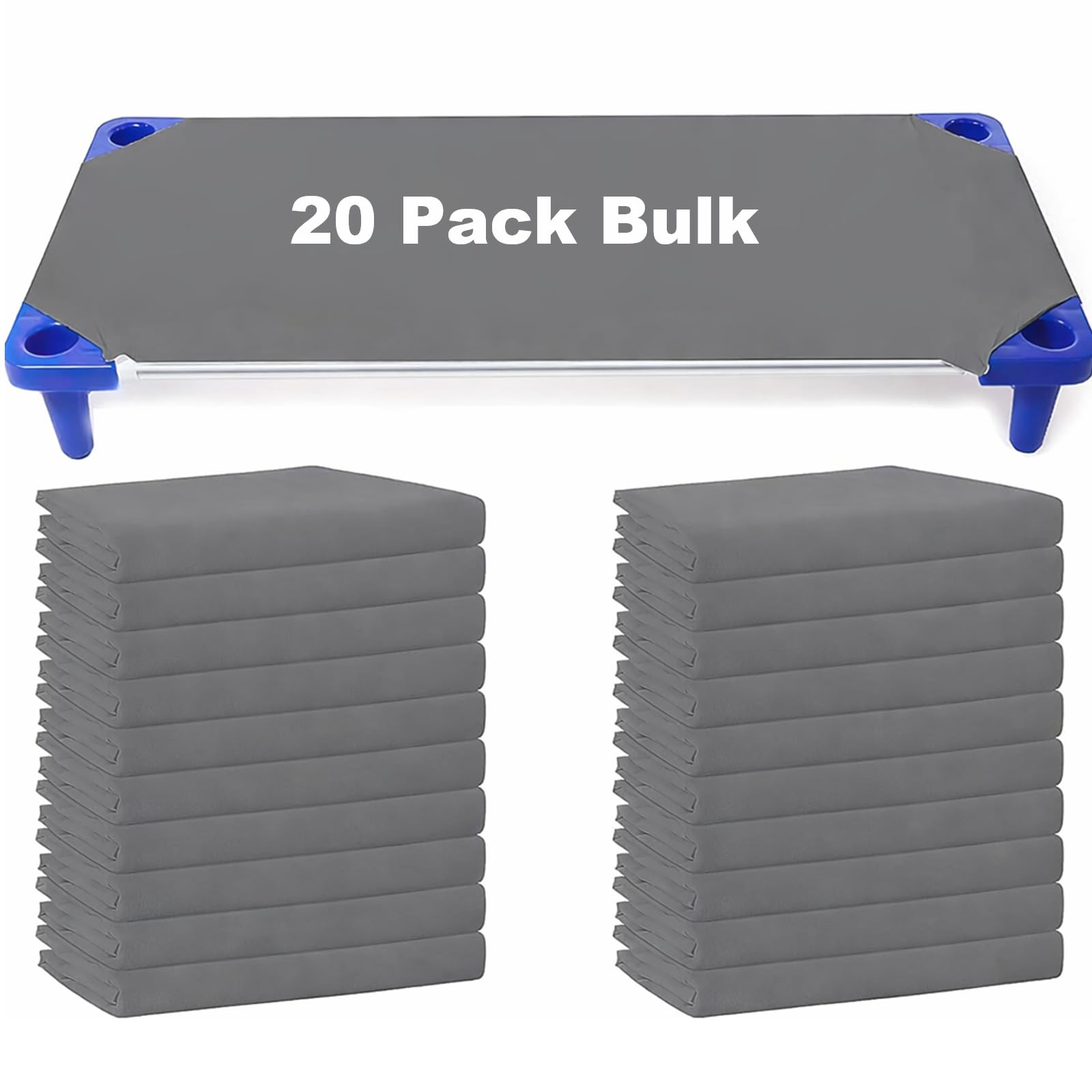 KisSealed 20-pack daycare cot sheets laid out for nap time in a classroom