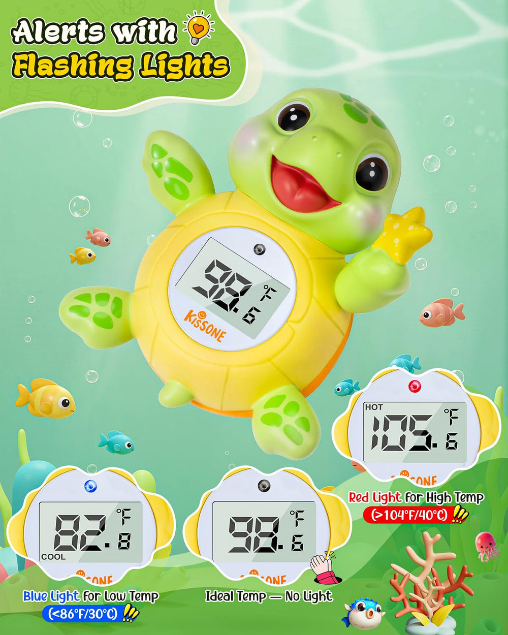 KISSONE floating turtle bath thermometer monitors temperature while entertaining your baby.