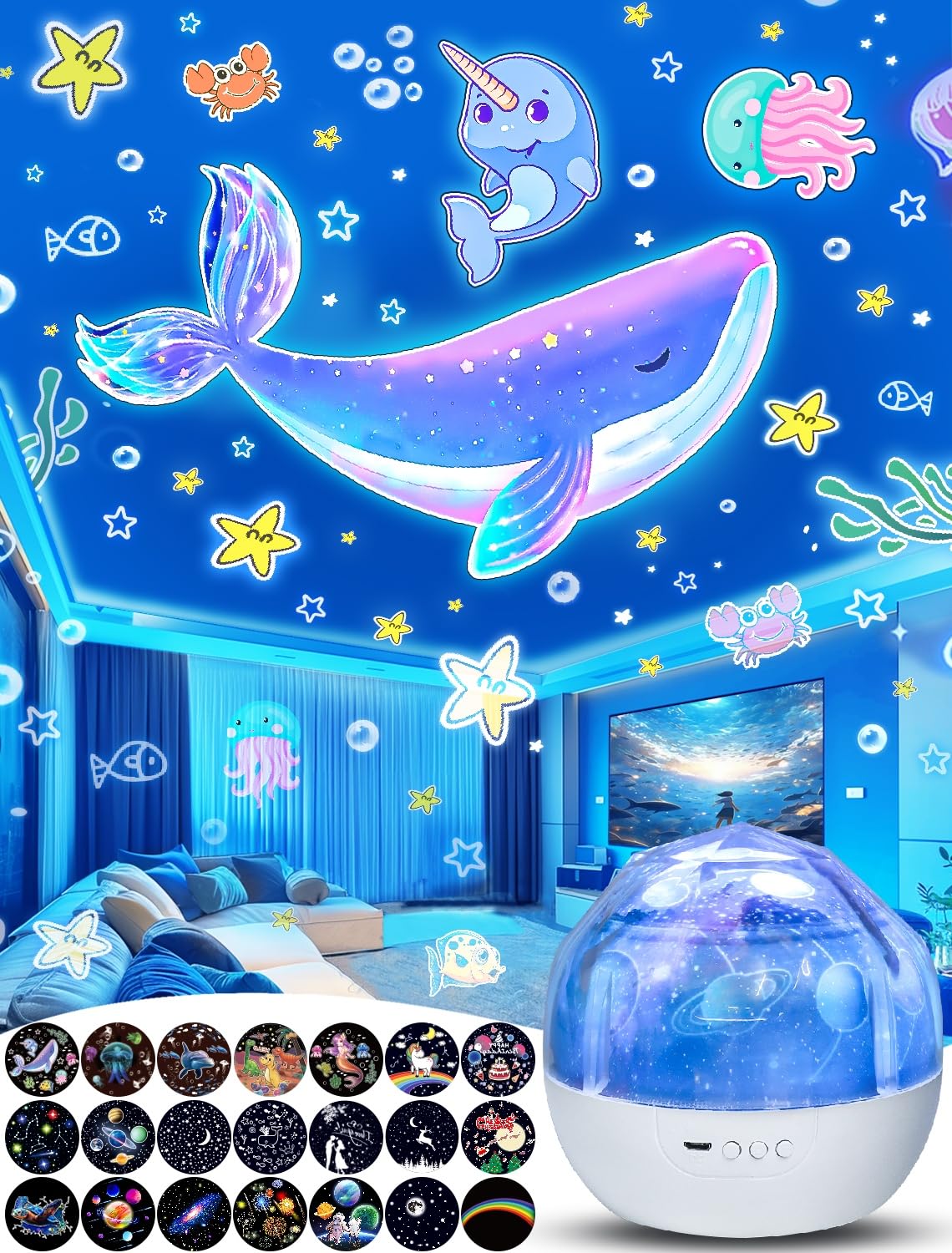 KISTRA night light star projector with cover off revealing ceiling patterns for a magical planetarium feel