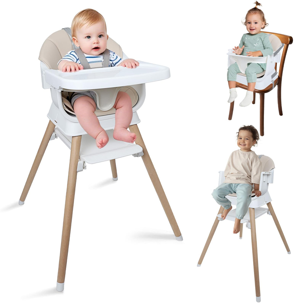 Kisuplus 9-in-1 high chair front view shows versatile beige chair for feeding and learning.